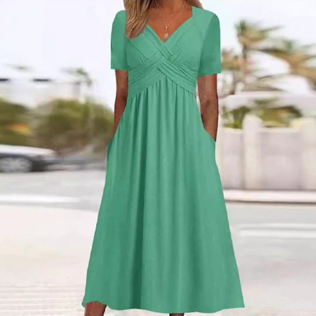 Solid V-Neck Short Sleeve Maxi Dress