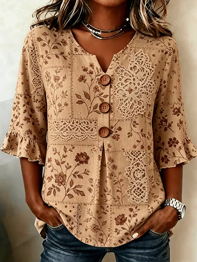 Retro Floral Print Short Sleeve Button-Up Top
