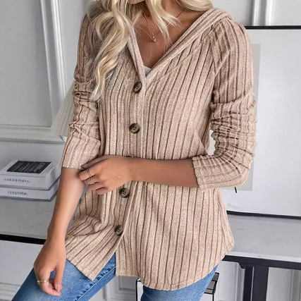 Button Waist Long Sleeve Hooded Top