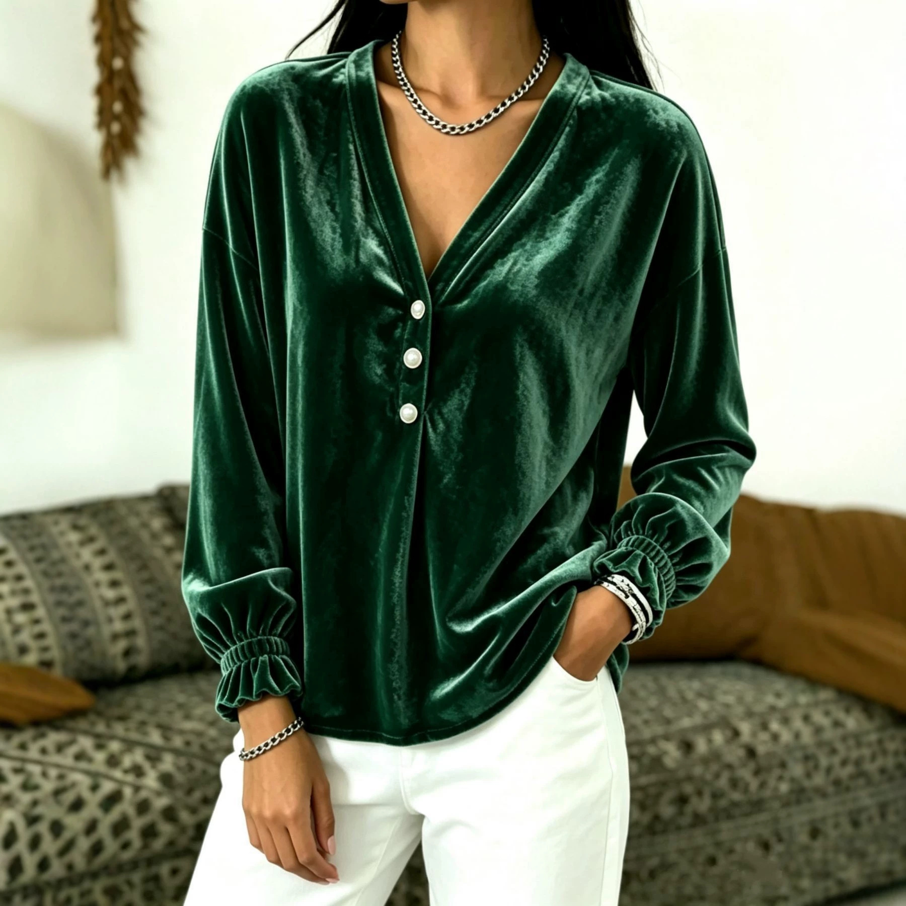 Women's V-Neck Button Velvet Long-Sleeve Loose Casual Top