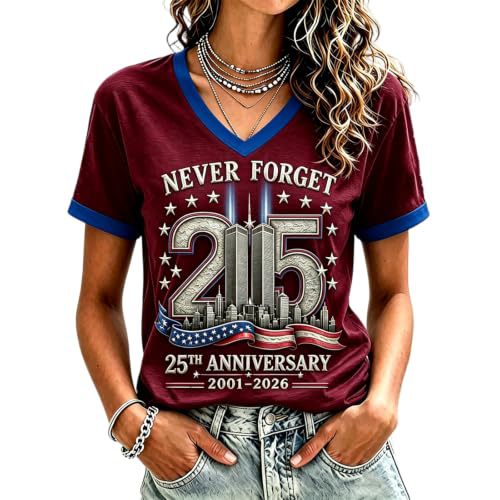 Twin Towers Anniversary Print V-Neck Short Sleeve Women's T-Shirt