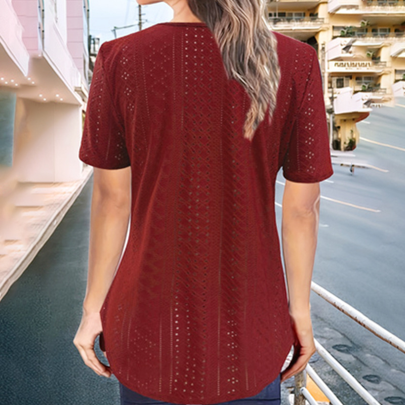 Women's Round Neck Short Sleeve Pleated Front Loose Solid Color T-Shirt