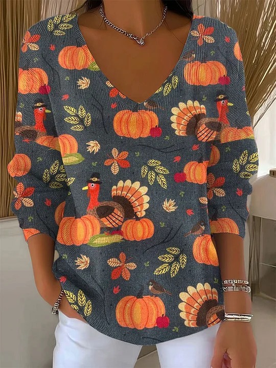 Women's V-Neck Long Sleeve T-Shirt with Animal & Plant Digital Print