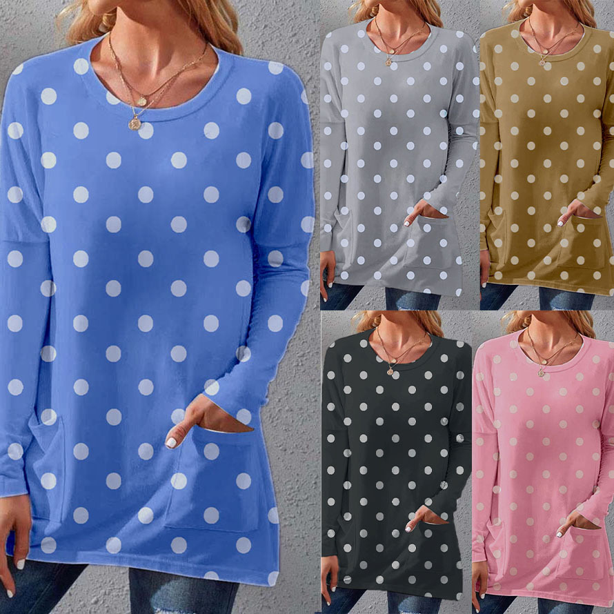 Polka Dot Print Crew Neck Loose Long Sleeve T-Shirt