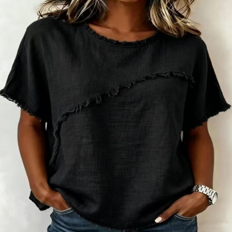 Women's Crewneck Short Sleeve Fringe Spliced Shirt