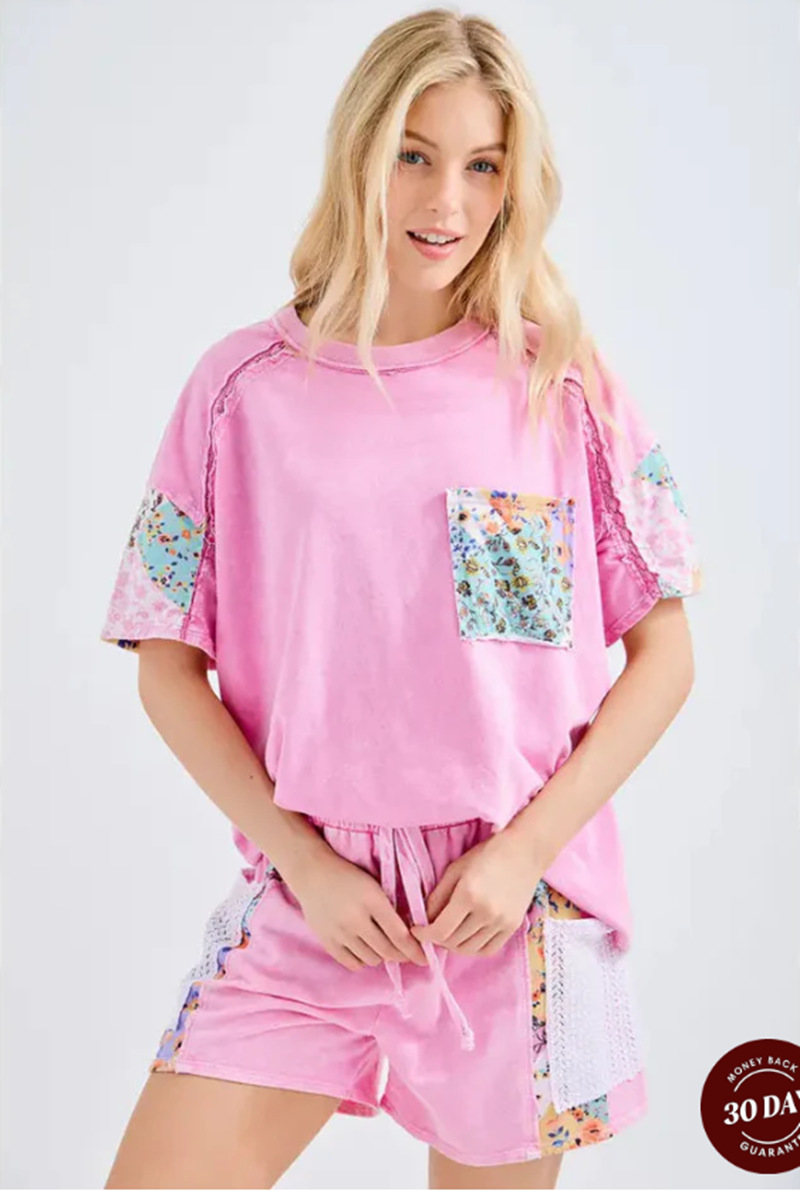 Women's Casual Floral Patchwork Short Sleeve Crew Neck T-Shirt