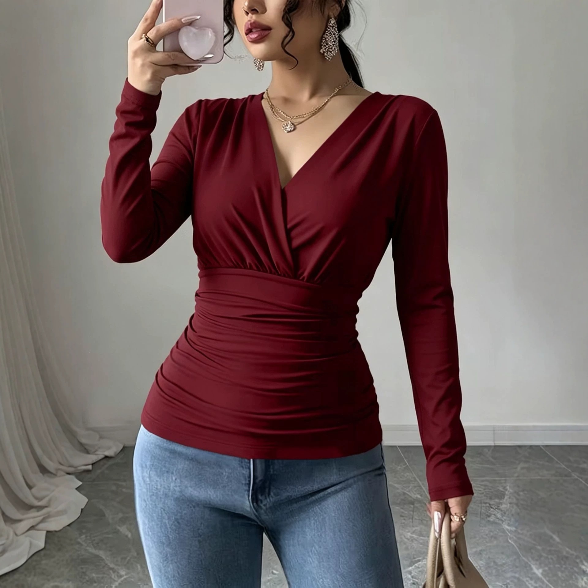 Women's French Cross V-Neck Ruched Waist Slimming Long Sleeve T-Shirt