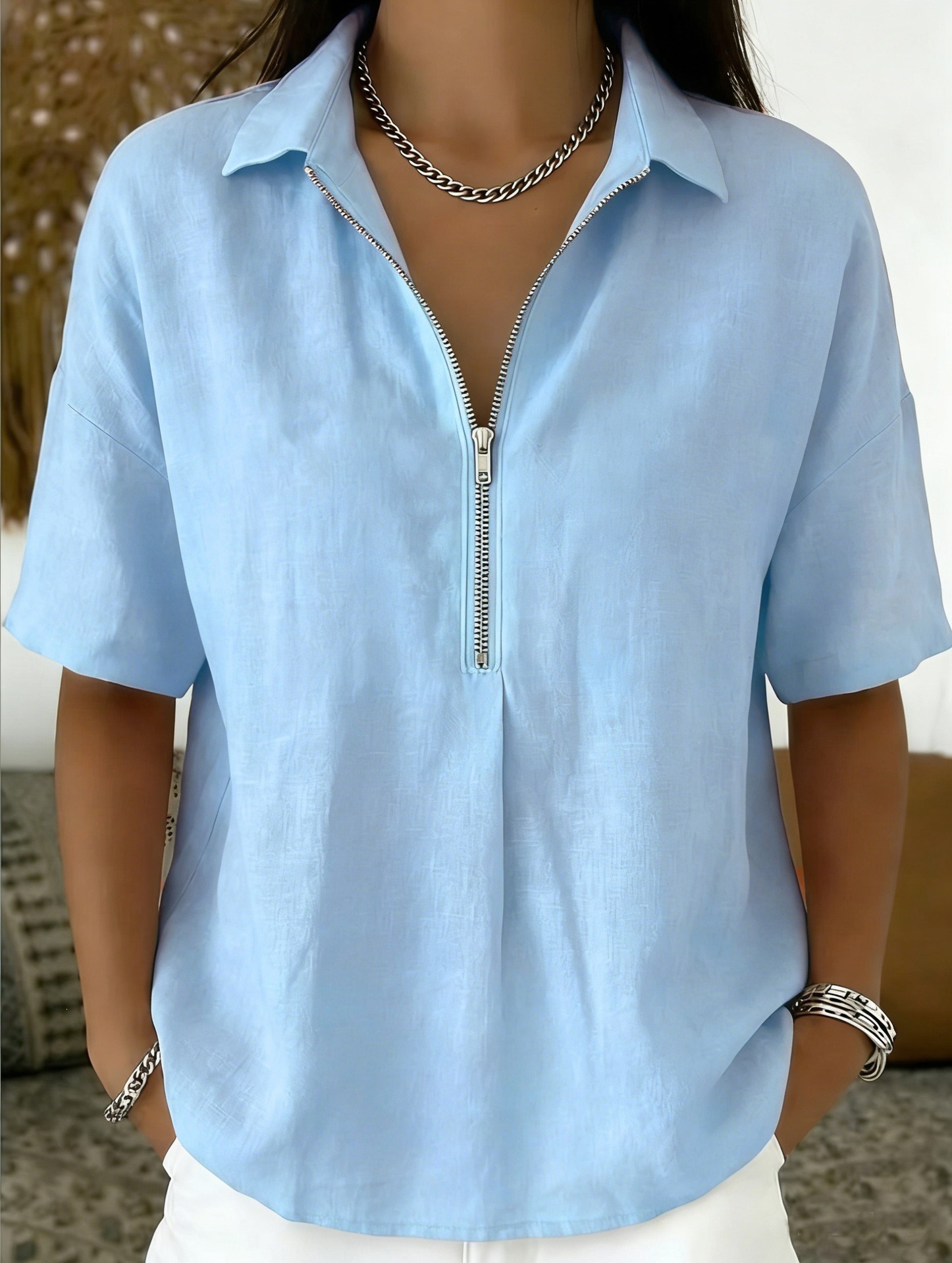 Women's Solid Color Zip Short Sleeve Shirt