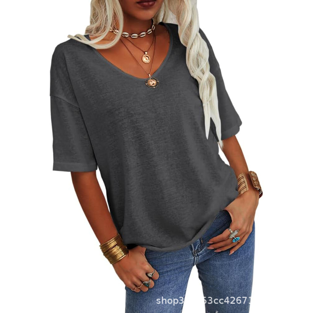 Women's V-Neck Short Sleeve Loose Fit T-Shirt Casual Solid Color Basic Top