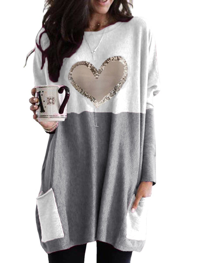 Heart Print Colorblock Long Sleeve Crewneck Loose T-Shirt for Women