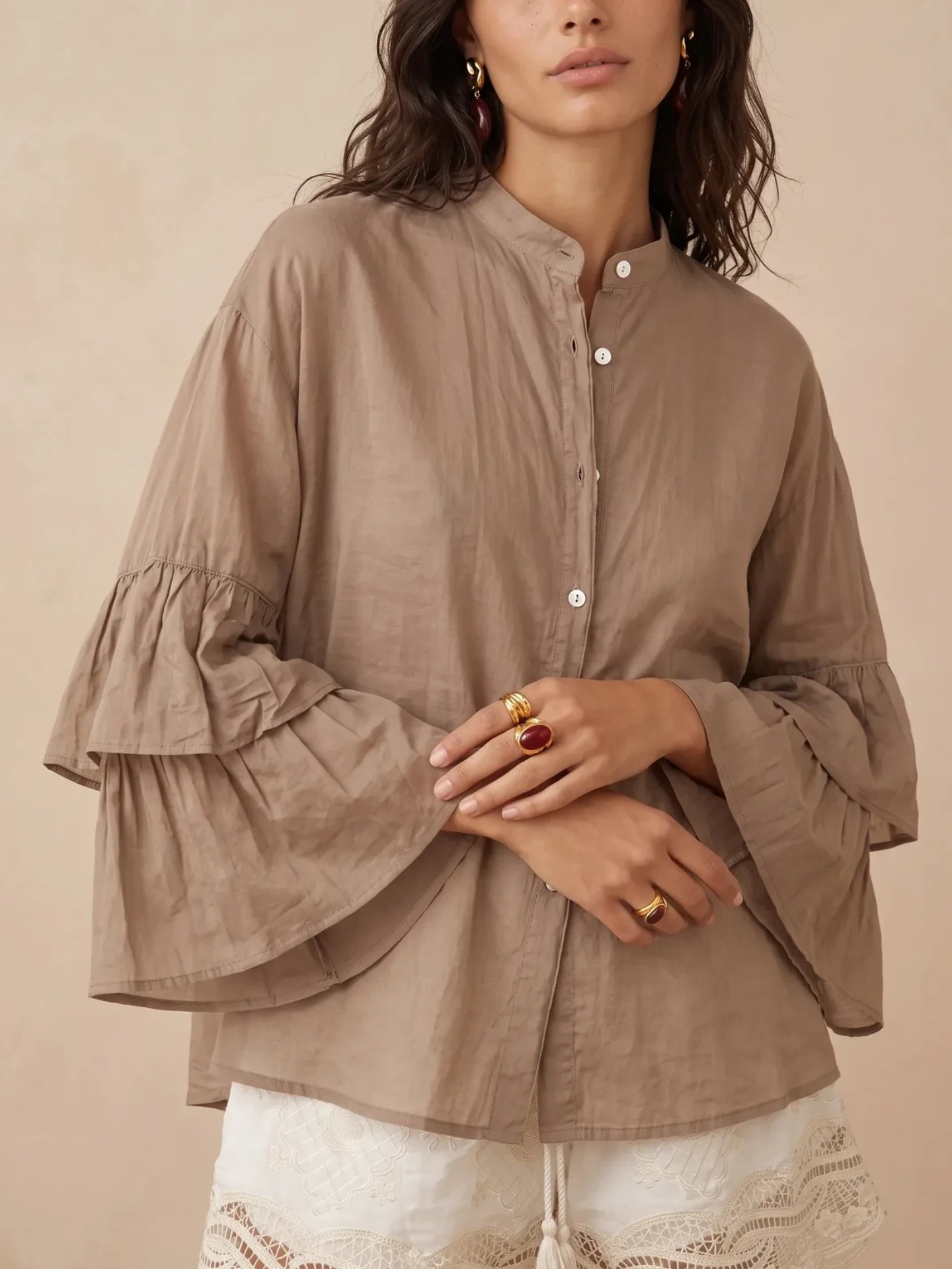 Women's Solid Color Stand Collar Button Double-Layer Bell Sleeve Loose Casual Shirt