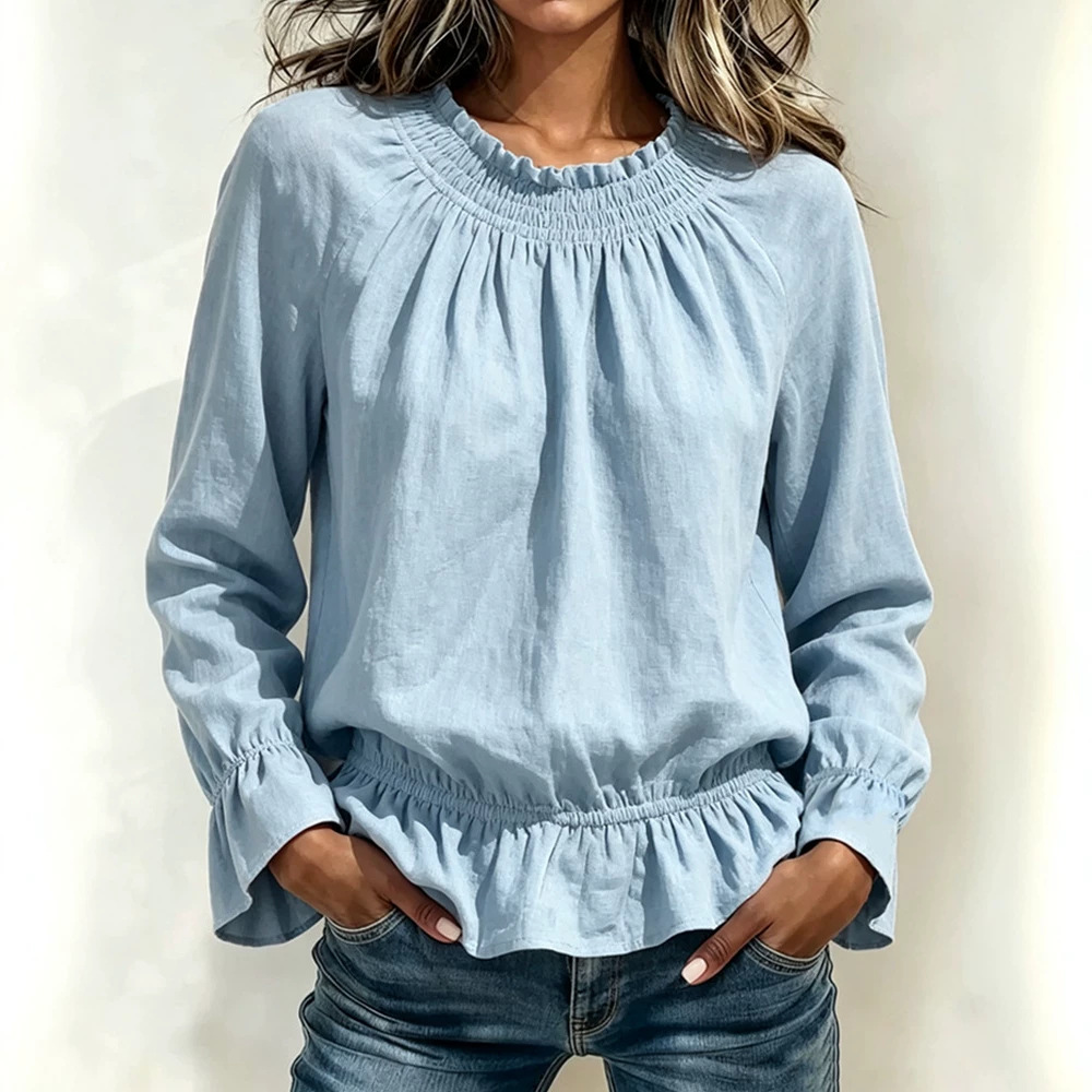Women's Casual Crewneck Long-Sleeve Ruffle Solid Color T-Shirt