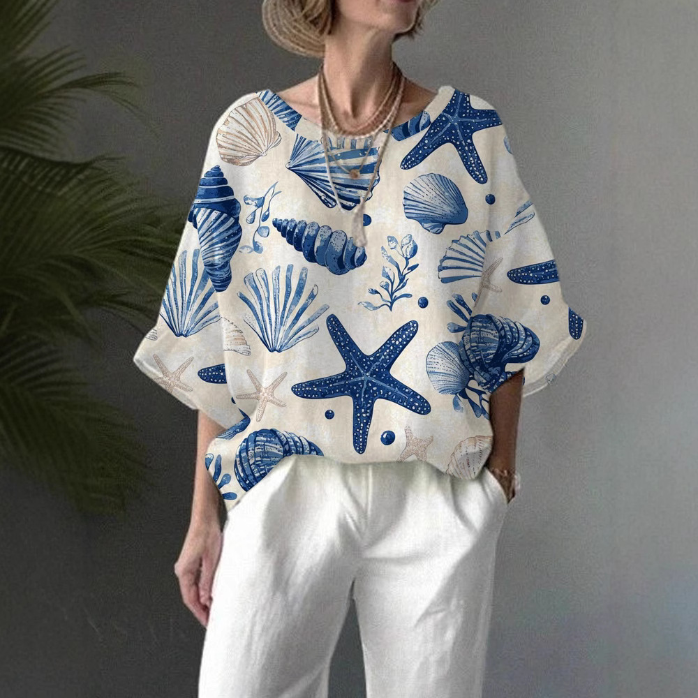 Women's Summer Digital Print Half-Sleeve Round Neck Loose Casual Top