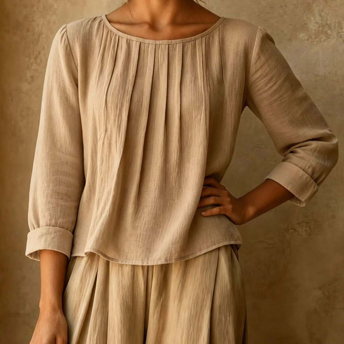 2026 New Cross-Border Summer Women's Cotton-Linen Top Loose Slimming Pleated Round Neck Eight-Sleeve Shirt Solid Color Casual