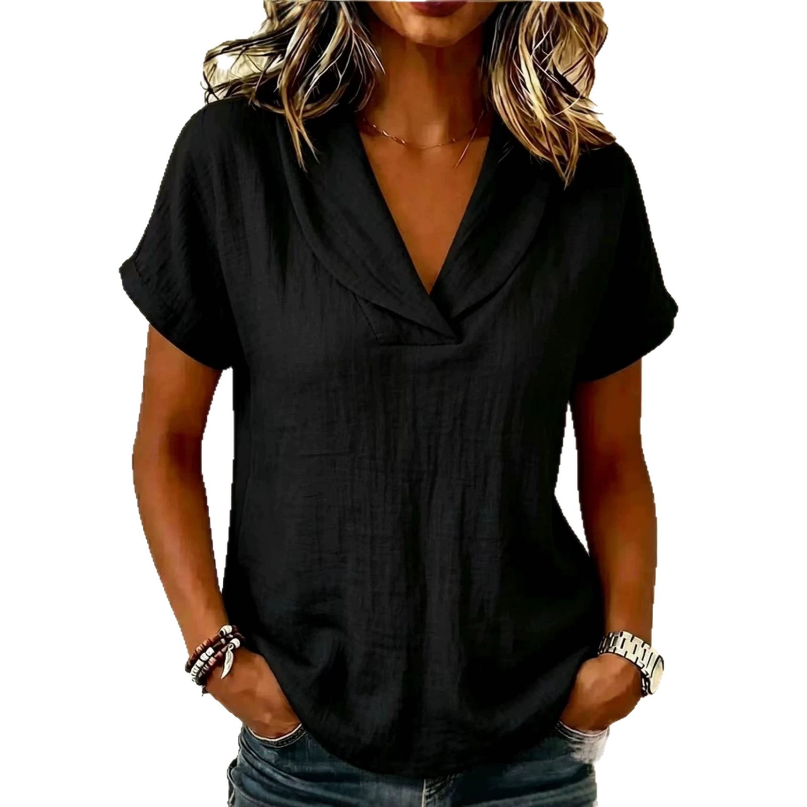 Women's Summer Knit Short Sleeve Top with Butterfly Collar