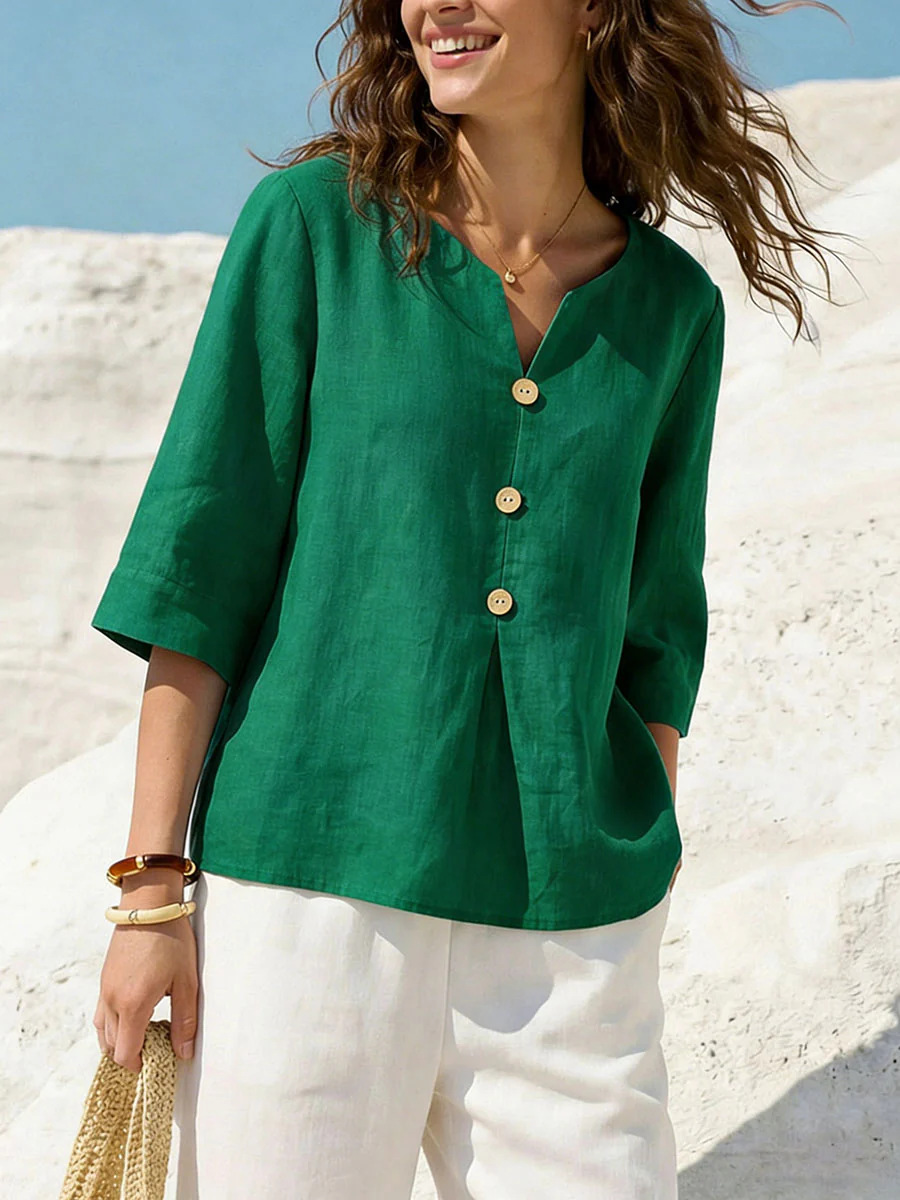 Women's Solid Color Cotton-Linen V-Neck Button T-Shirt Casual Loose Fit