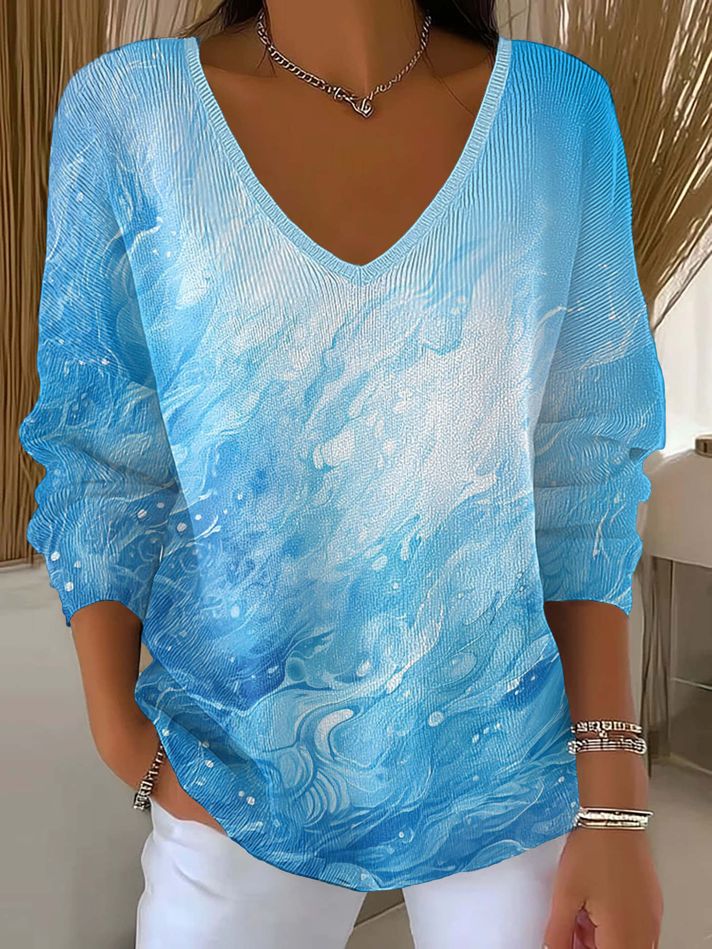 Women's Floral Star Print V-Neck Long-Sleeve T-Shirt