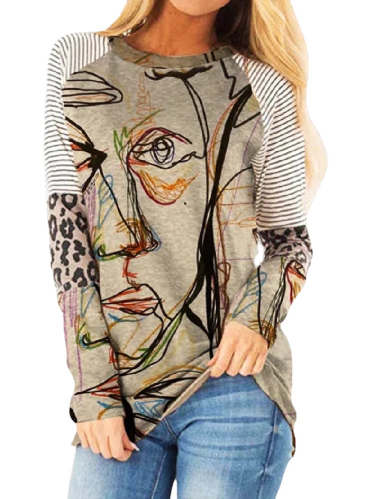 Digital Portrait Print Loose Long Sleeve Top