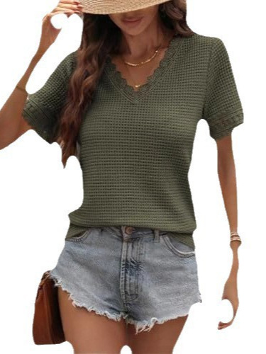 Women's V-Neck Waffle Knit Lace Trim Short Sleeve Top