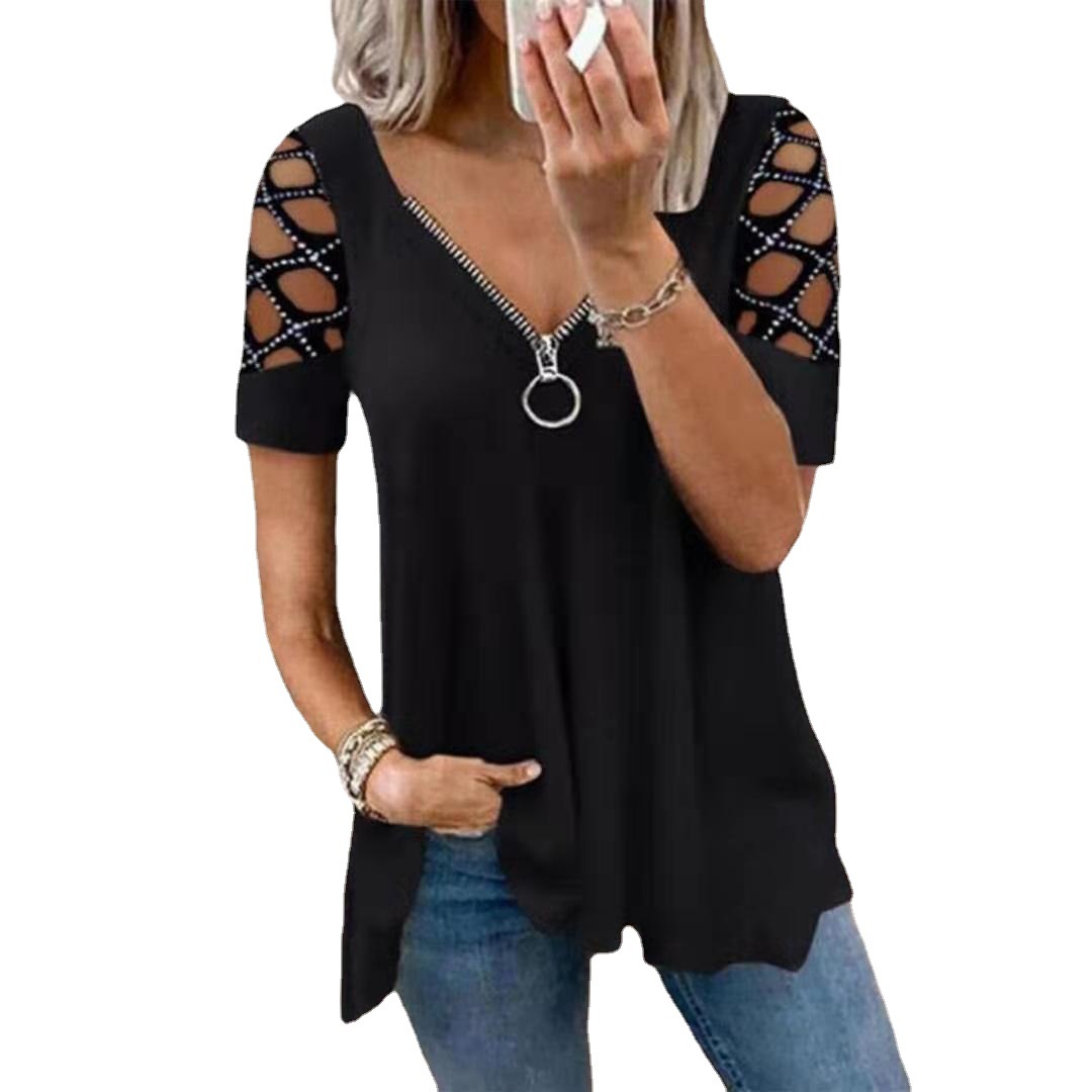 V-Neck Hollow-Out Short Sleeve Rhinestone Top