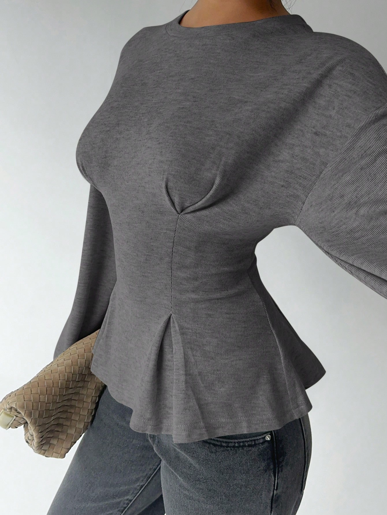 Women's Slim Fit Pleated Long Sleeve Crewneck Pullover Top