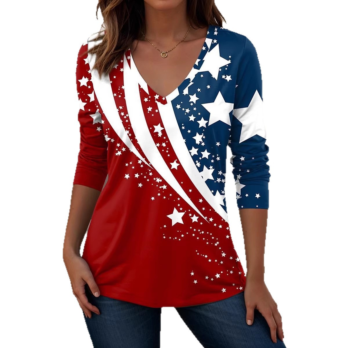Cross Flag Freedom Print V-Neck Short Sleeve Women's T-Shirt