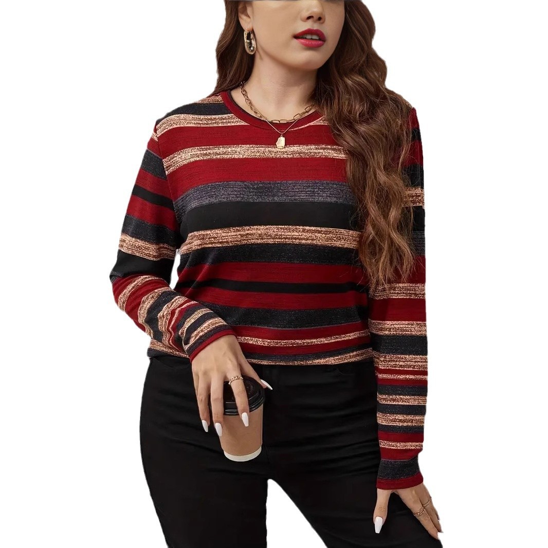 Plus Size Striped Crewneck Long Sleeve Women's Top