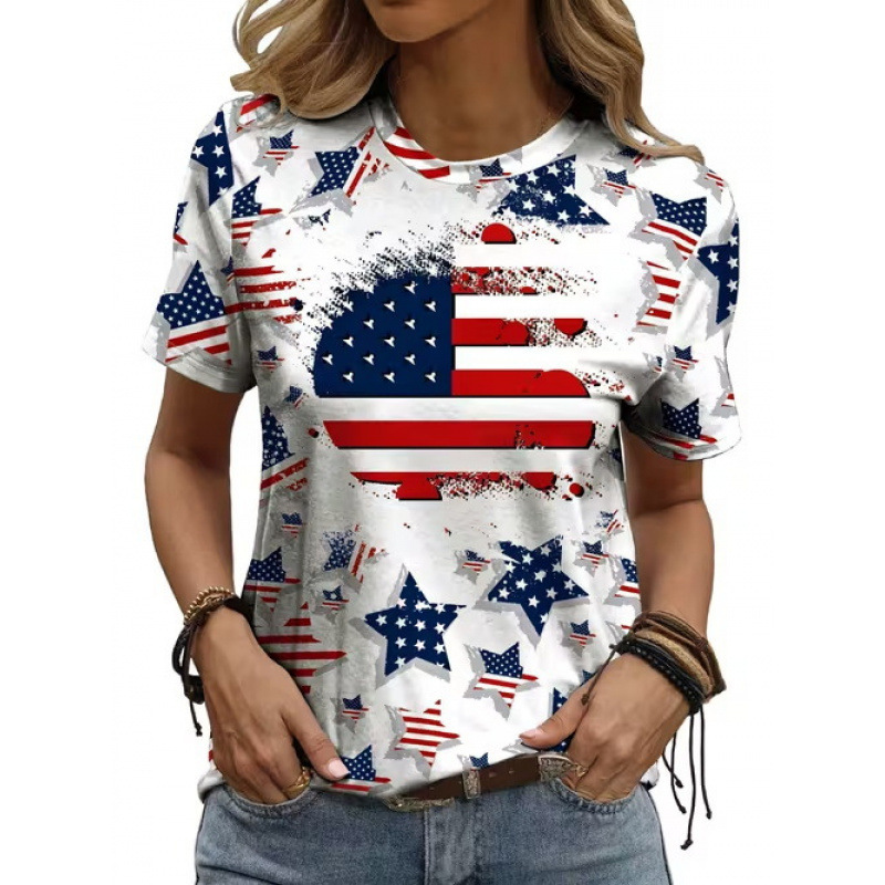 Women's Summer Crewneck Short Sleeve T-Shirt with Independence Day Print, Loose Fit