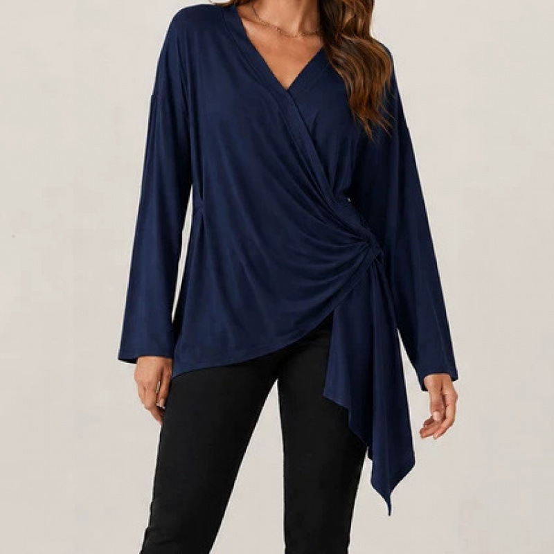 Women's Tie-Front Solid V-Neck Long Sleeve Casual Top