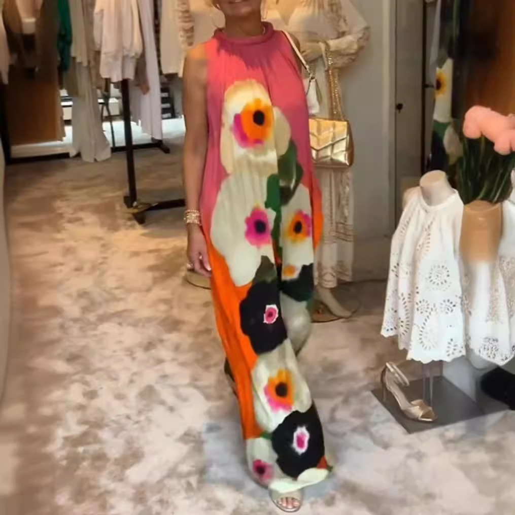 Colorful Floral Print Sleeveless Round Neck Maxi Dress