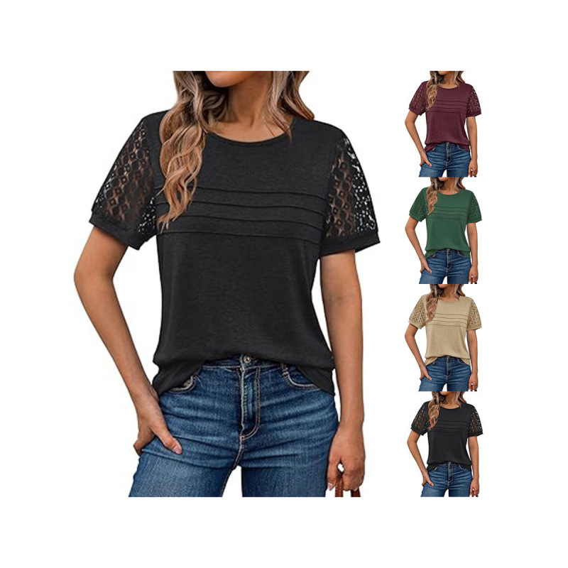 Women's Hollow-Out Round Neck Short Sleeve Lace Panel Loose T-Shirt