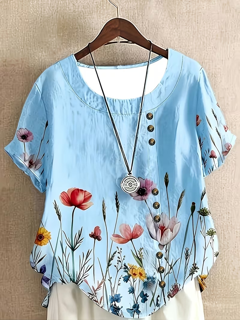 Women's Summer Novelty Print Crewneck Short Sleeve Button Top