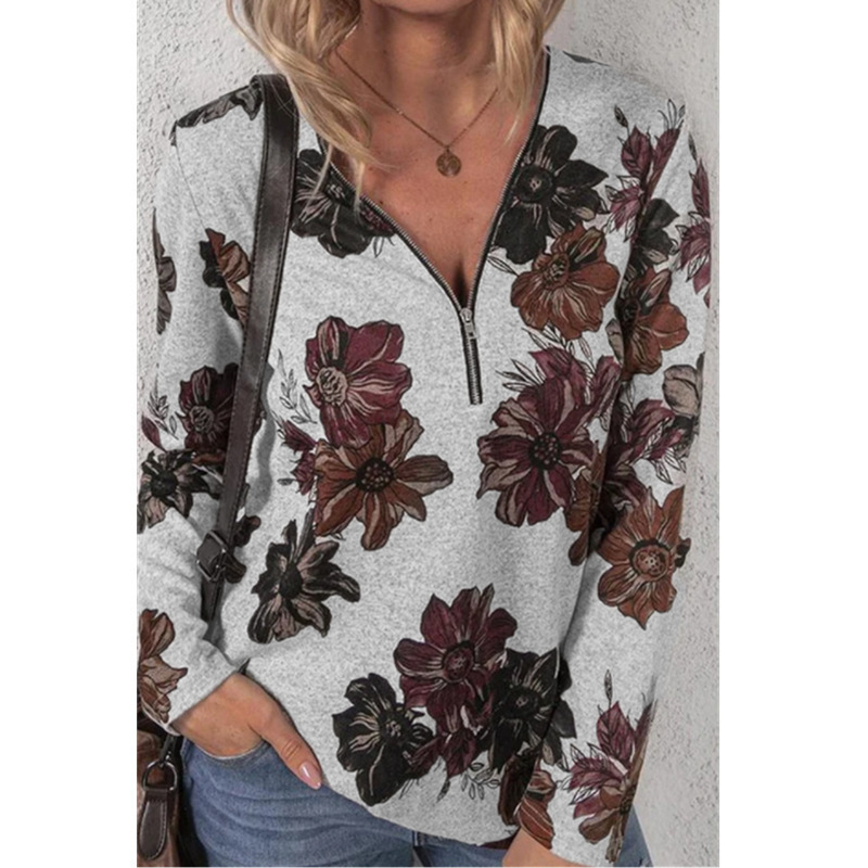 Women's Floral Print Zip Pullover Long Sleeve Loose T-Shirt Top
