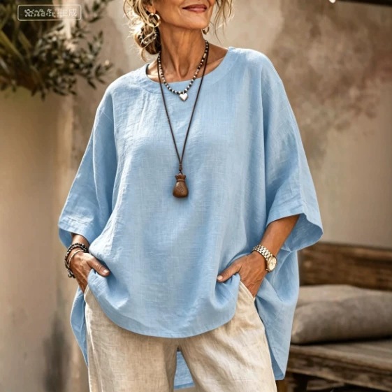 Women's Loose Round Neck Solid Cotton Linen 3/4 Sleeve Top