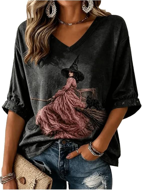 Halloween Witch Print V-Neck Half-Sleeve Women's T-Shirt