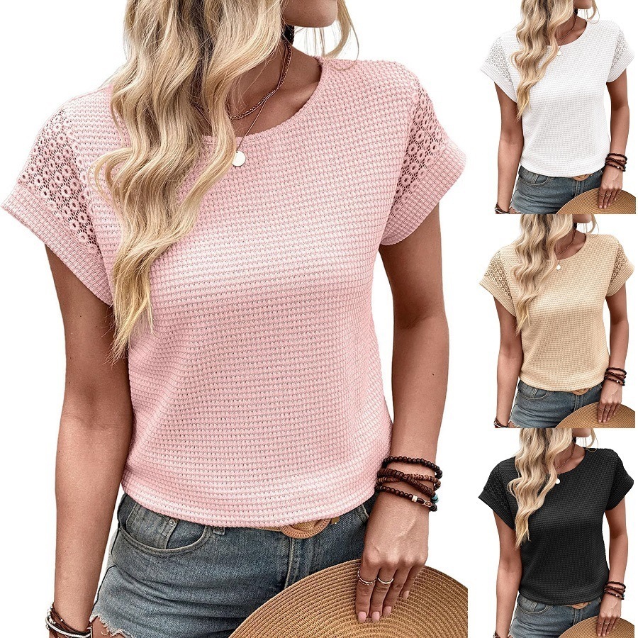 Women's Waffle Knit Lace Hollow-Out Short-Sleeve Crewneck T-Shirt