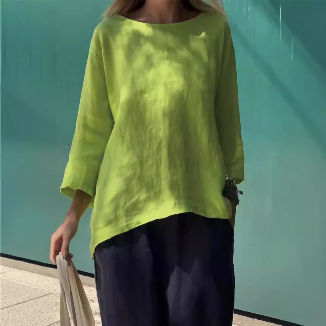 Women's 3/4 Sleeve Crewneck Cotton Linen Loose Shirt Top