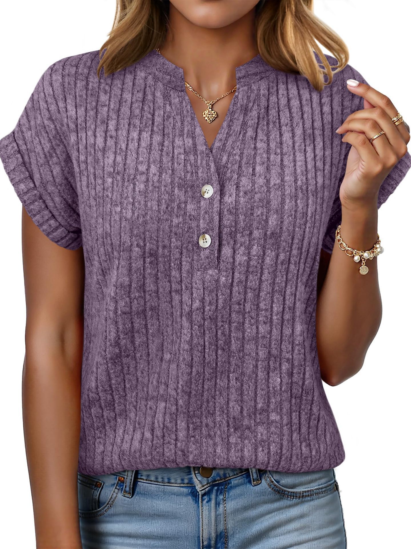 Brushed Ribbed V-Neck Batwing Short-Sleeve Top