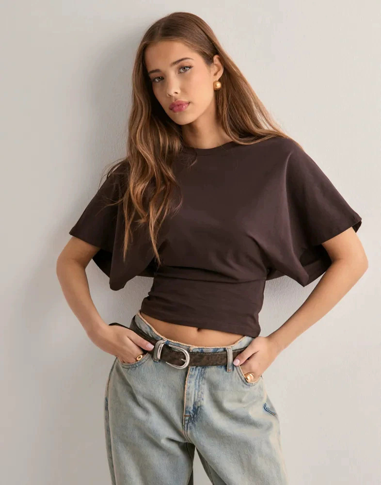 Solid Crewneck Batwing Sleeve Cinched Waist Short Sleeve Top