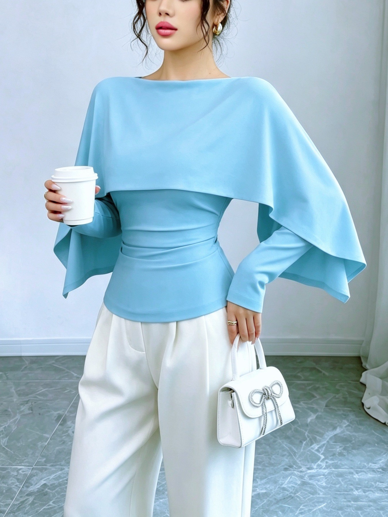 Women's Cape-Style Slimming Knit Top Crew Neck Long Sleeve