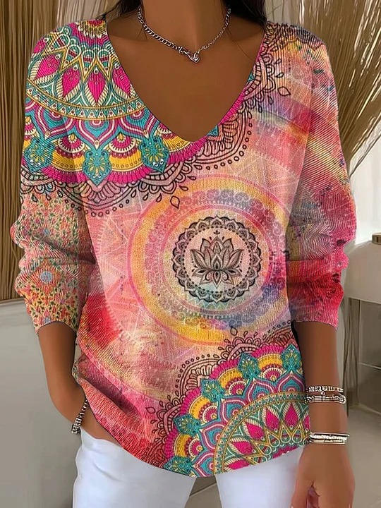 Dinosaur Floral Plaid V-Neck Long-Sleeve T-Shirt