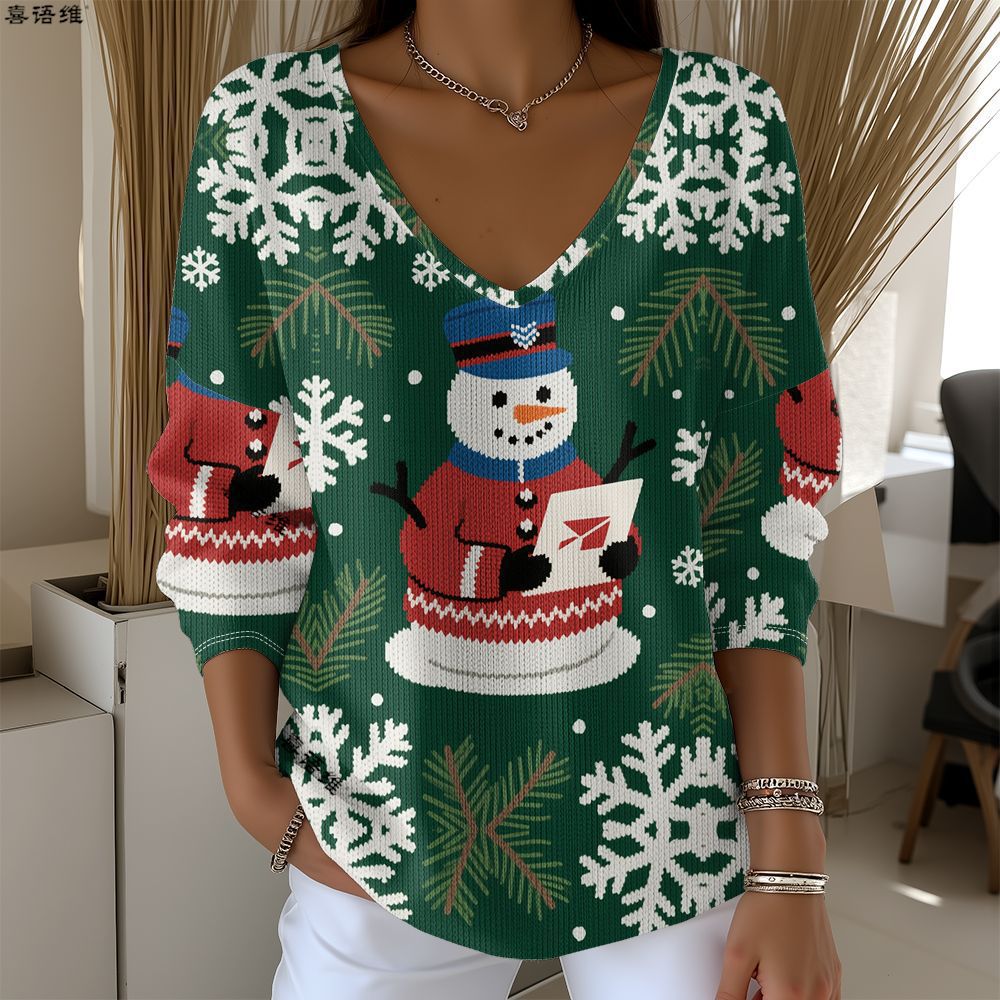 Christmas Snowman Reindeer Bow Print V-Neck Long Sleeve T-Shirt