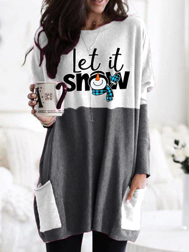 Christmas Letter Snowman Print Crewneck Long-Sleeve T-Shirt
