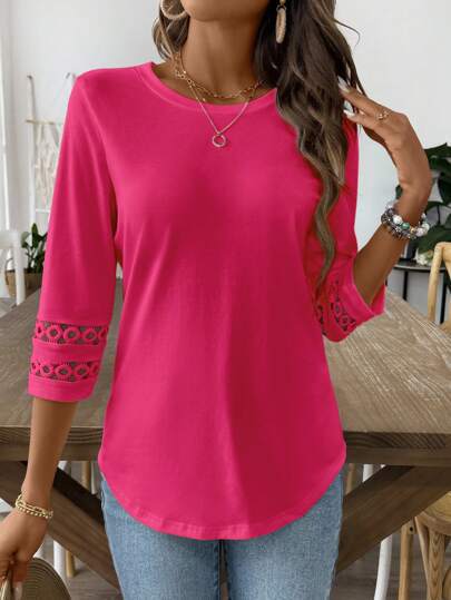 Women's Solid Crewneck Lace Trim Half-Sleeve Casual T-Shirt
