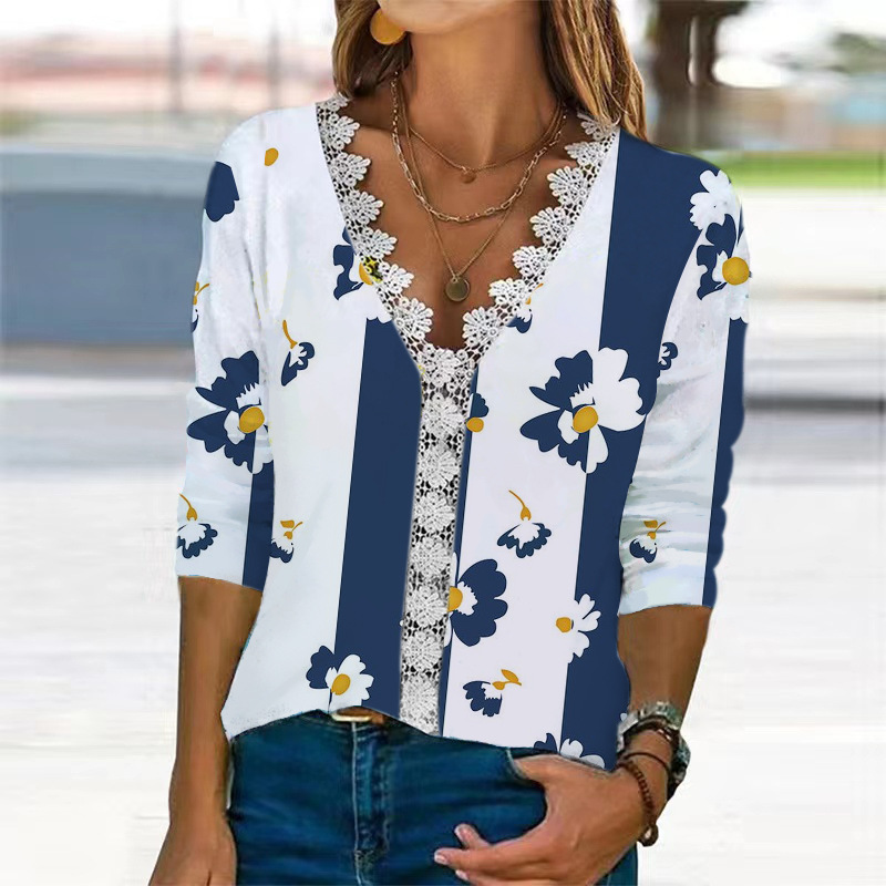 Lace V-Neck Digital Print Long-Sleeve Loose Top