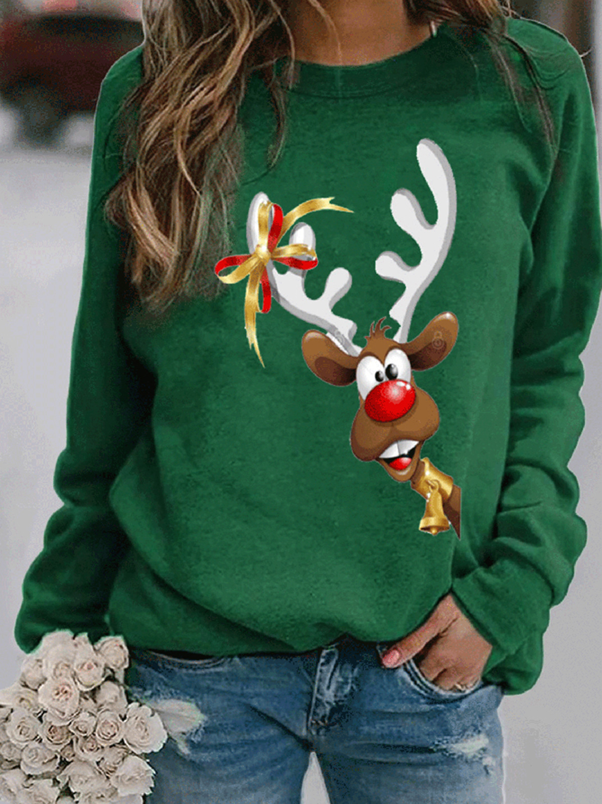 Christmas Deer Print Long-Sleeve Crewneck T-Shirt for Women