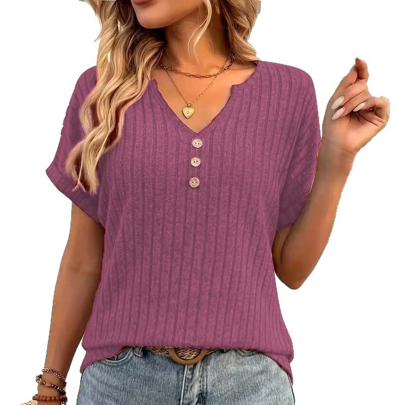 Elegant V-Neck Button Short-Sleeve T-Shirt
