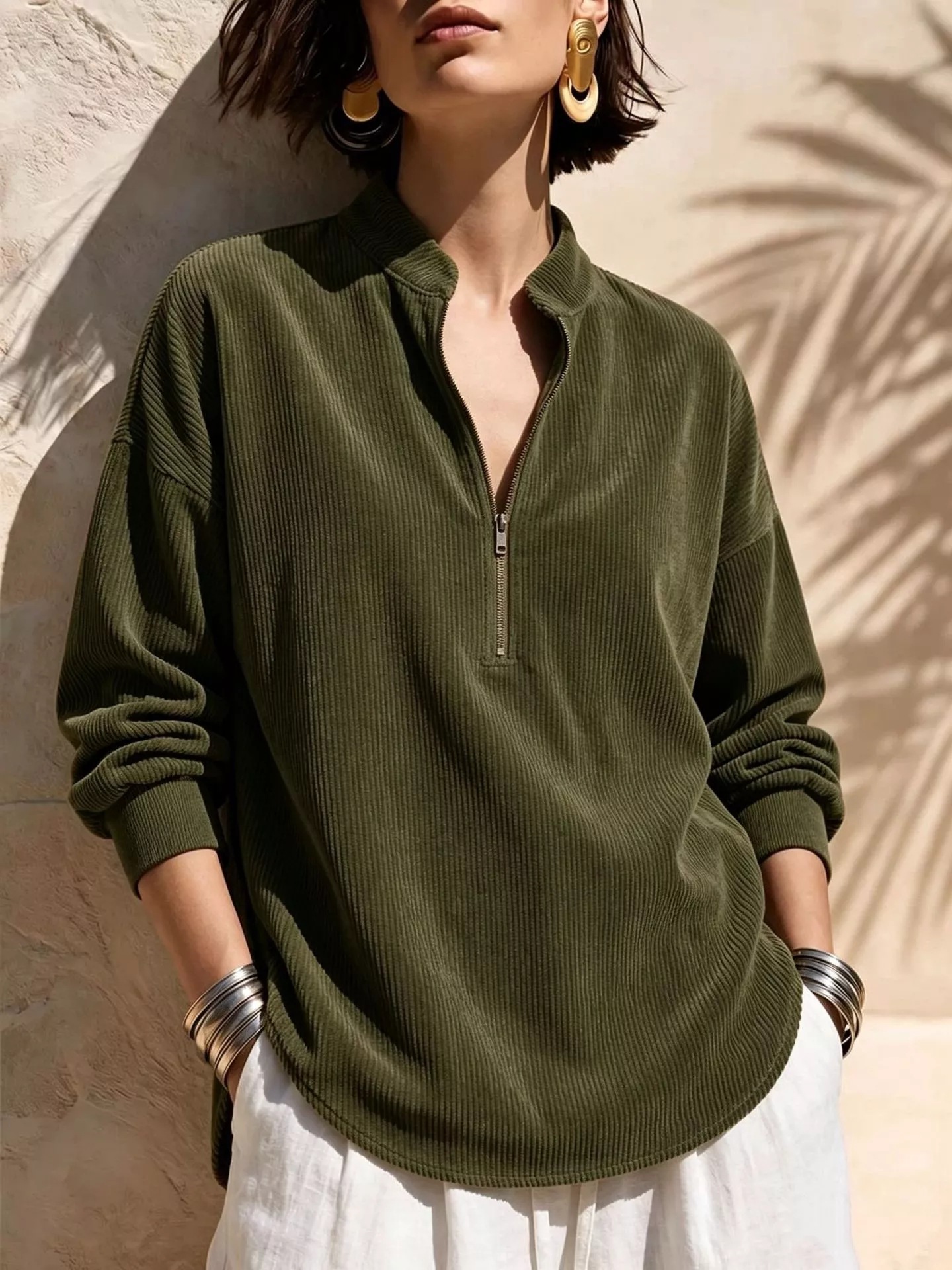 Women's Corduroy Zip-Up Stand Collar Long Sleeve Loose Casual Top