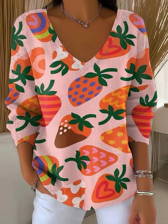Women's V-Neck Long-Sleeve Floral Heart Strawberry Plaid Print T-Shirt