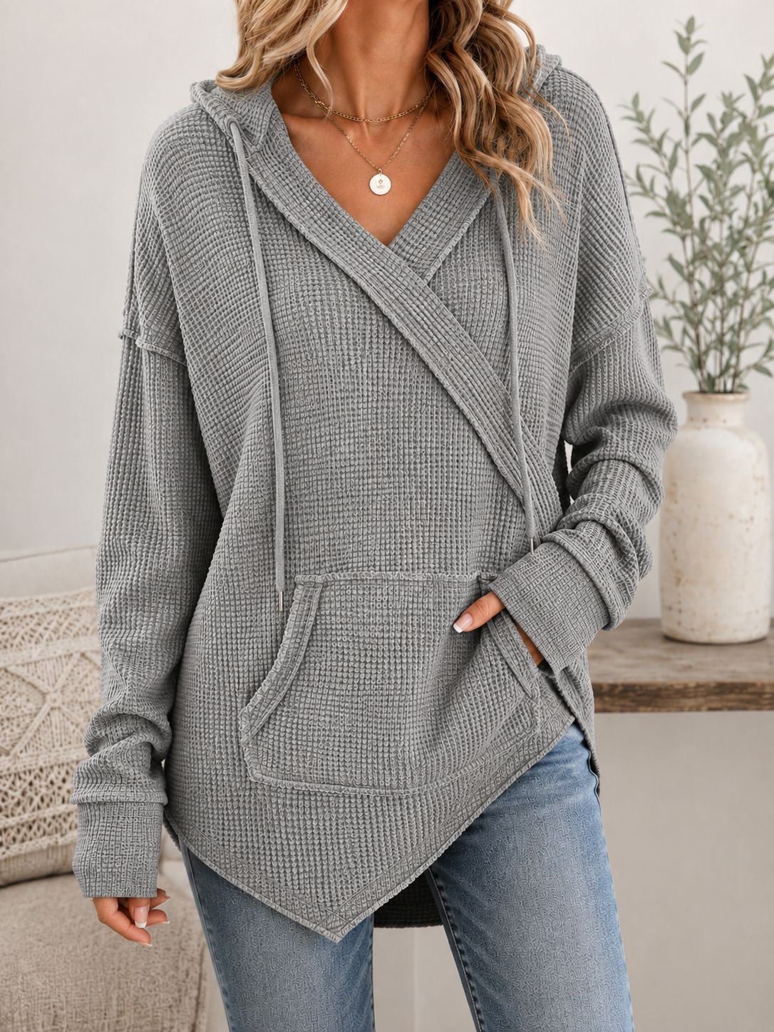 Waffle Knit Drawstring Hoodie Casual Pullover